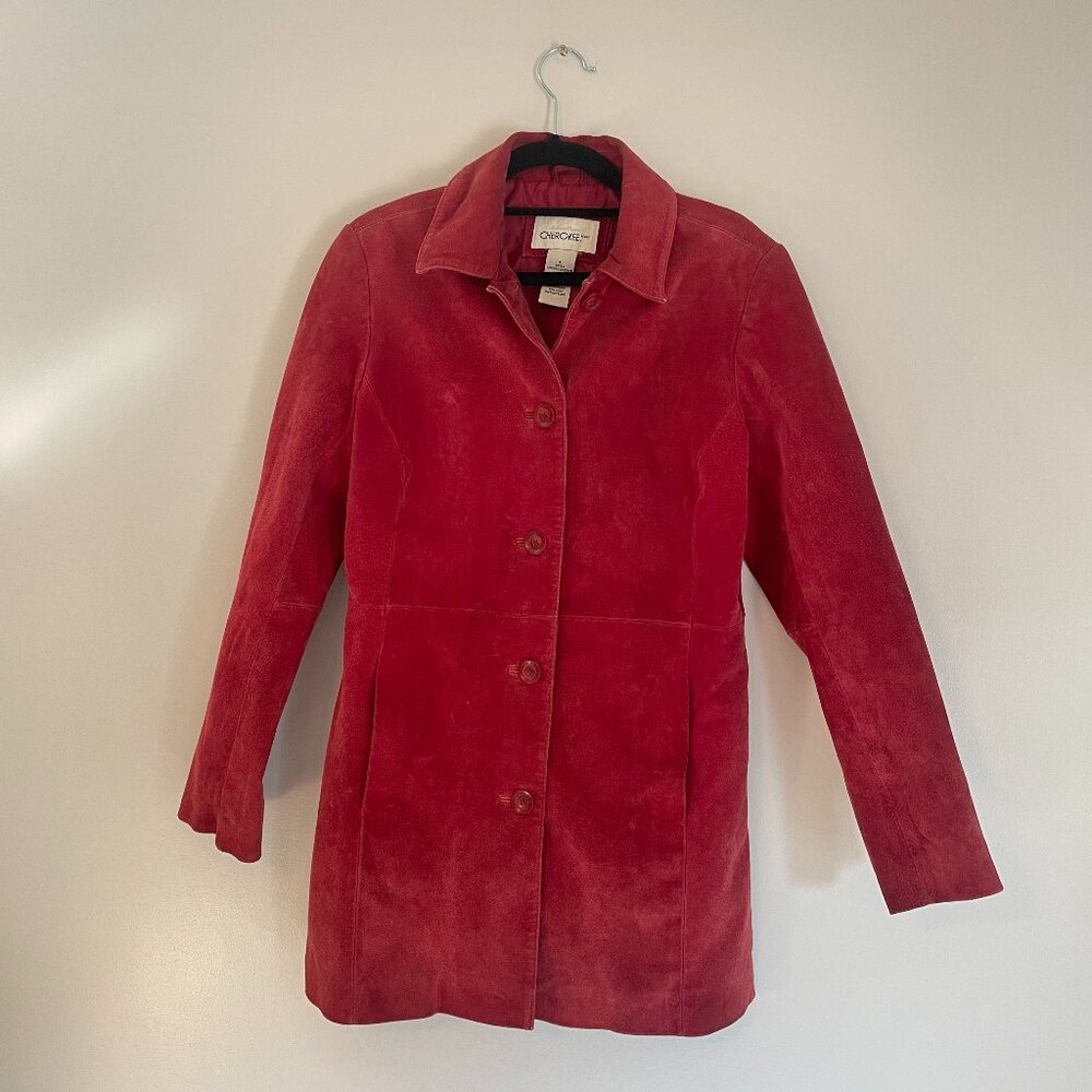 Vintage 90's Cherokee Red Suede Leather Jacket Coat, Long Sz Small Button Trendy